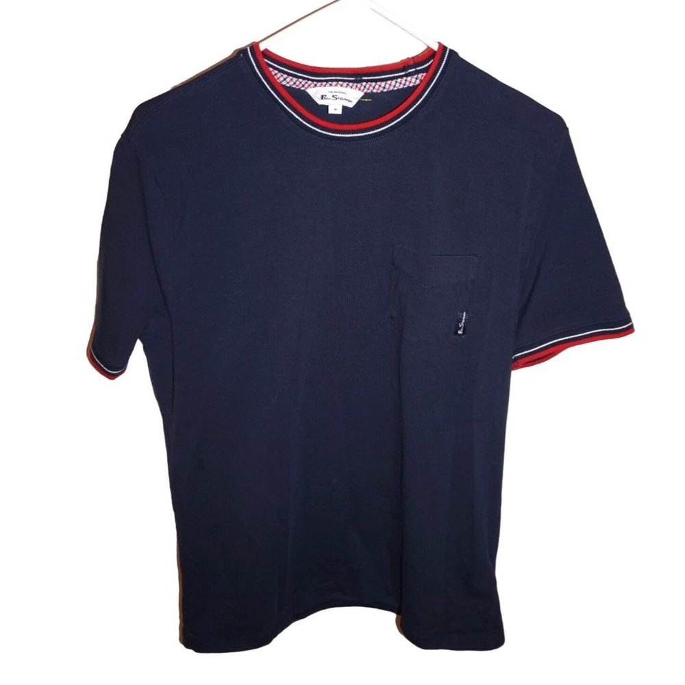 Ben Sherman Shirt Men Size Medium Navy Blue Pocket Ringer Neck Arm Red White